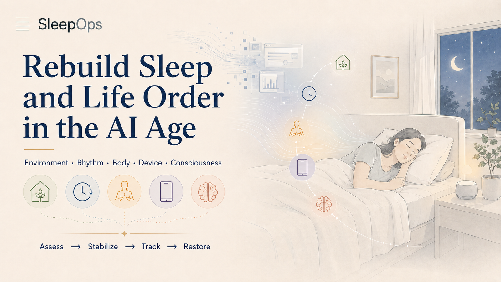 SleepOps life order system for the AI age showing environment, rhythm, body, device, and consciousness.