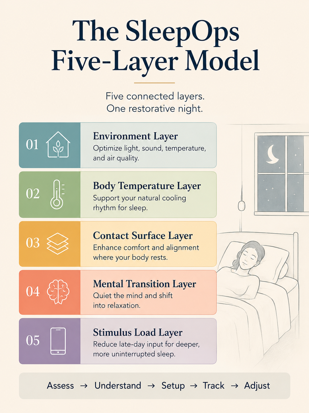 SleepOps five-layer model showing environment, body temperature, contact surface, mental transition, and stimulus load.