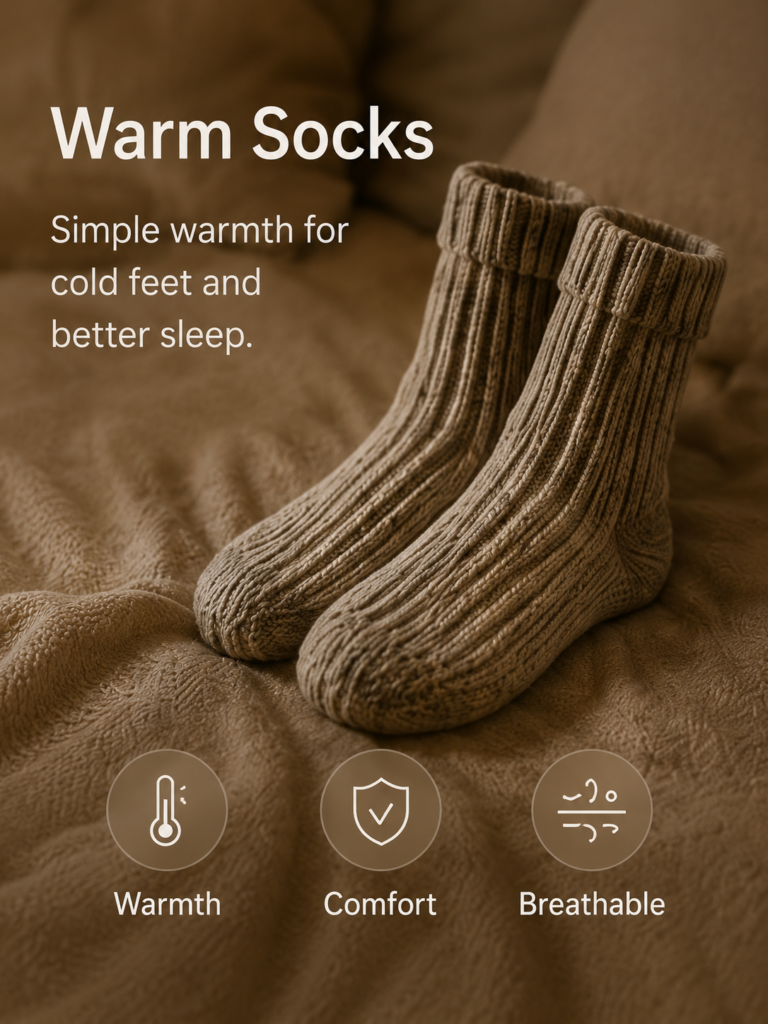 Breathable warm socks placed in a calm bedroom setting.
