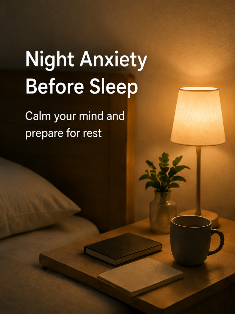 Calm low-stimulation bedroom scene for people who feel anxious before sleep.