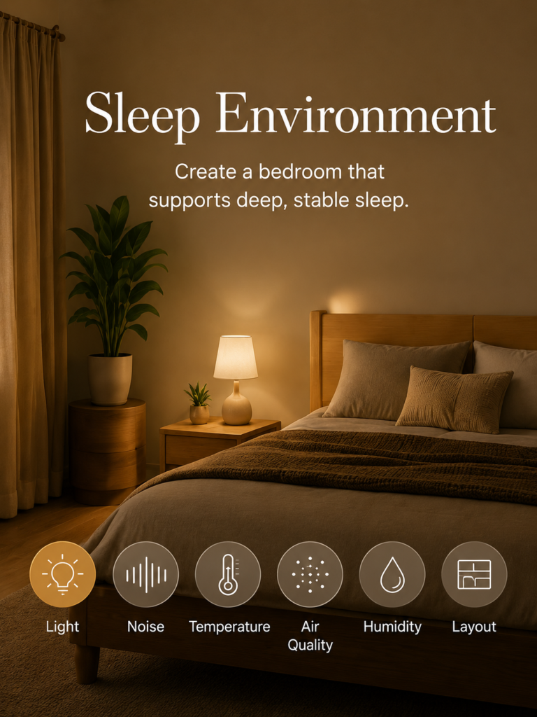 SleepOps sleep environment layer model for bedroom light, noise, air quality, and temperature.