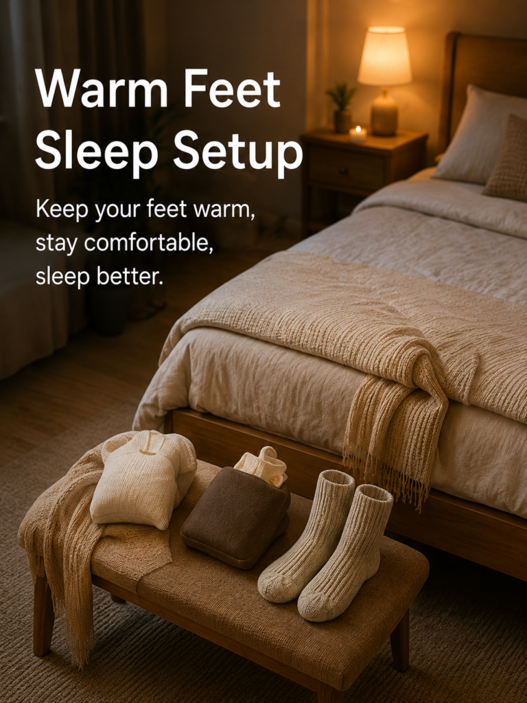 Warm feet sleep setup with socks, bedding, and a calm bedroom environment.
