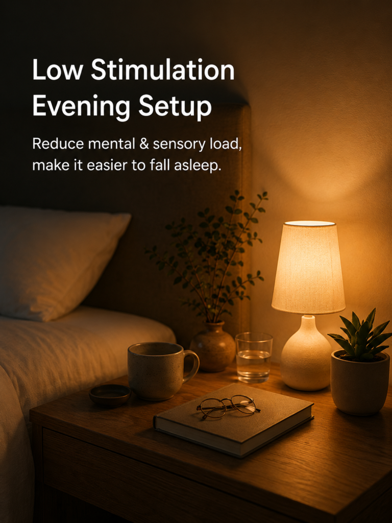 Low-stimulation evening setup with soft lighting and a calm bedside environment.