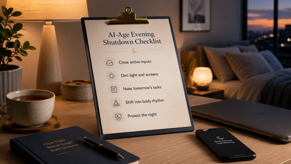 AI-Age Evening Shutdown Checklist preview for closing inputs and rebuilding night order.